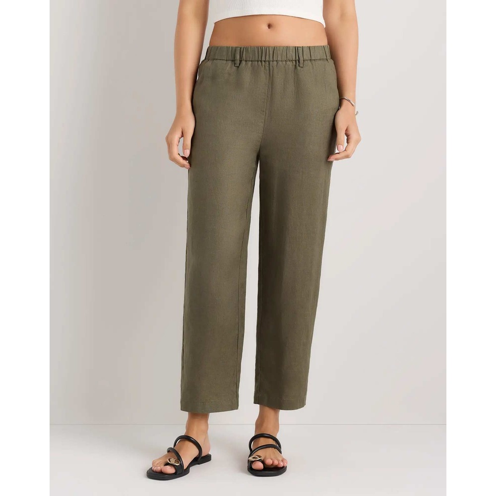 Quince European Linen Relaxed Straight Leg Pants Bayberry Olive Green Women L